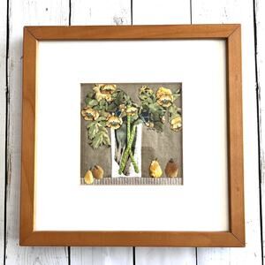 Fabric Collage by Wilda Northrop Yellow Flowers & Pear Signed Textile Art Floral